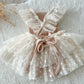 Ruffled romper for sitter baby girl photo shoot, milestone outfit in boho style with lace ruffles