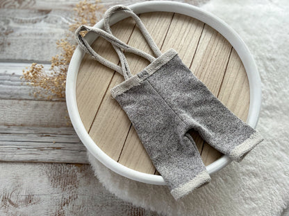 Newborn Boy Photo Outfit – Gray Romper, Pants with Suspenders & Cap
