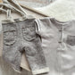Newborn Boy Photo Outfit – Gray Romper, Pants with Suspenders & Cap