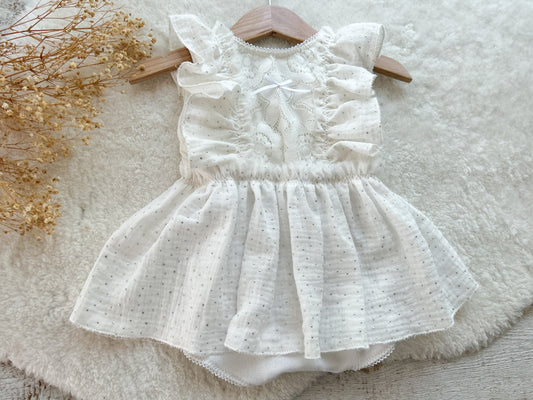 White baby dress with ruffles for first birthday anniversary, milestone photo shoot, cake smash outfit, in sitter size