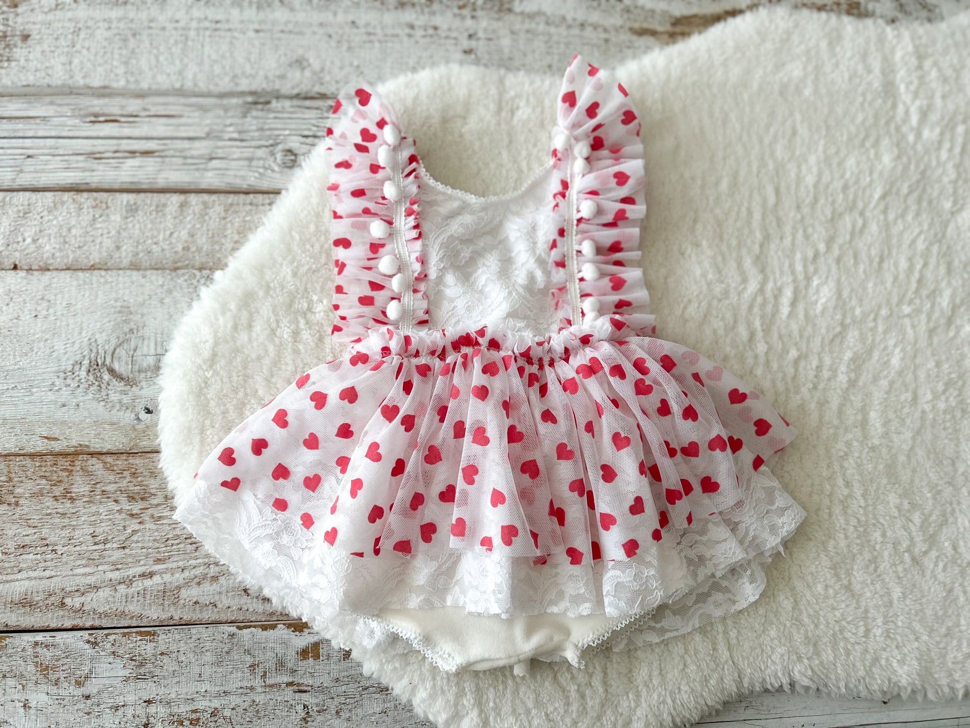 Sitter photography outfit, white lace dress with red heart pattern, bohemian style baby girl romper