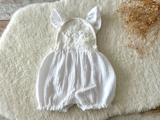 Muslin SITTER romper white boho baby girl photo outfit with floral lace
