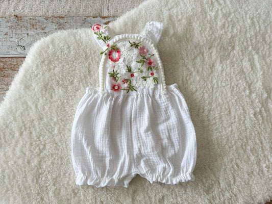 SITTER Girl Romper White Muslin with Red Floral Lace - Photography Outfit