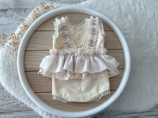 Bohemian newborn romper in cream with lace skirt and ruffles