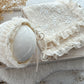 Newborn bonnet and blanket set for photography in warm beige color