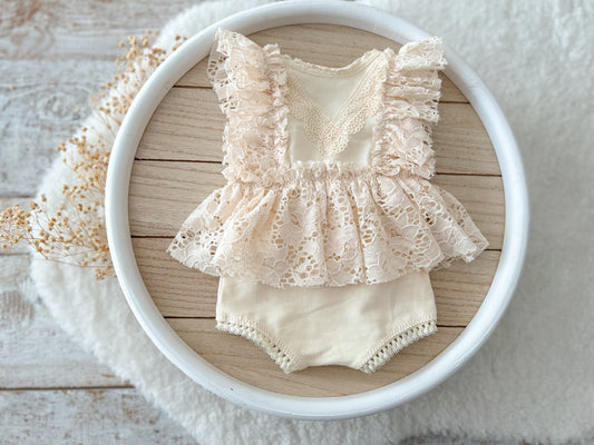 Lace newborn romper for first photo shoot, cream ruffled boho design