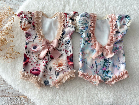 Floral Newborn Girl Romper – Ruffled Baby Photo Outfit with Bow | Choose Your Favorite Design at Checkout