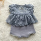 Lavender lace newborn top and panties set on wooden tray – baby girl photo prop