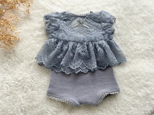 Lavender lace newborn top and panties set on wooden tray – baby girl photo prop