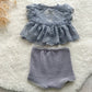 Newborn photography outfit with lace top and soft knit panties in lavender tone