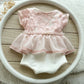Newborn girl photo outfit in blush pink and white with floral lace and chiffon skirt on a wooden hanger
