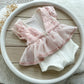 Newborn girl romper with floral lace and chiffon ruffled skirt, V cut back