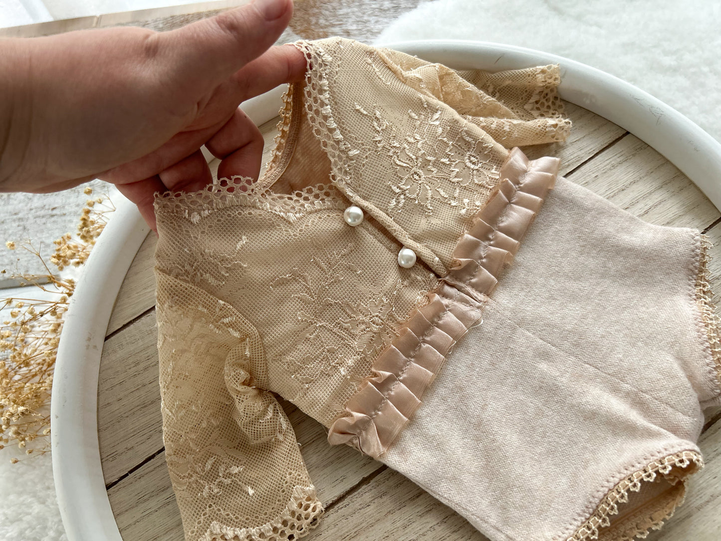 Newborn girl lace romper neutral photo prop baby shower gift