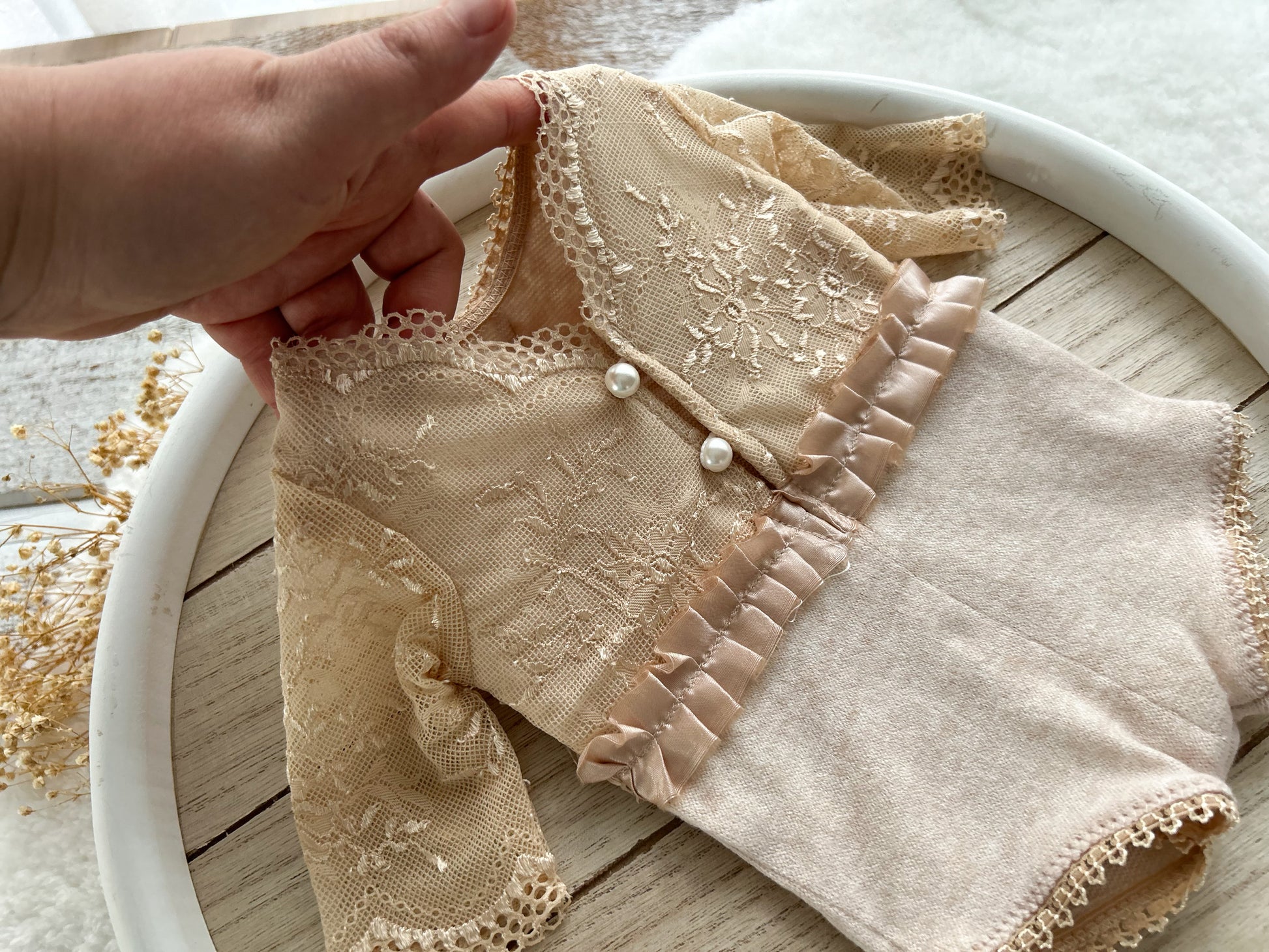 Newborn girl lace romper neutral photo prop baby shower gift