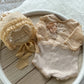 Beige newborn lace romper and bonnet set – baby girl photography outfit
