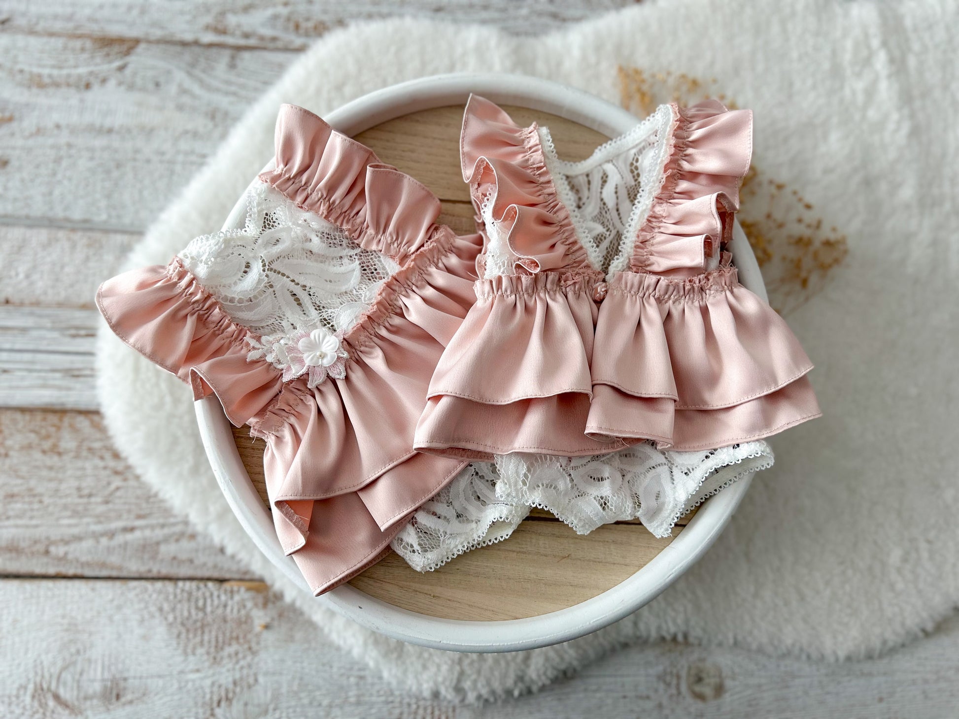 Baby girl outfit with satin shoulder ruffles and layered ruffle back

