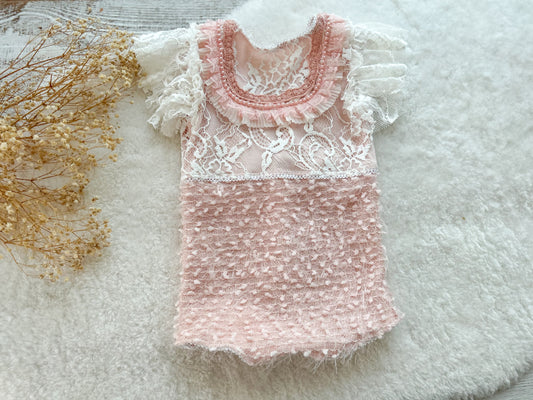 Pink lace baby romper for photography , with lace and pearl decorations