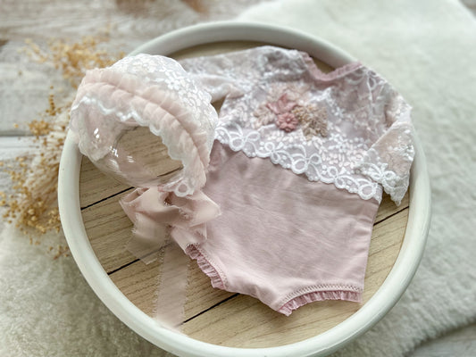 Newborn Lace Outfit Romper & Bonnet - Soft Pink Photography Prop SET