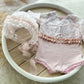 Baby girl photography set in newborn size: romper and lace bonnet