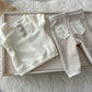 Newborn boy set: top and pants for first photo shoot. Ivory angora top and velvet oatmeal color pants