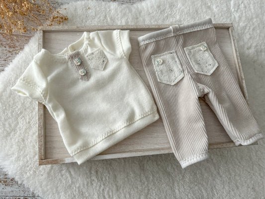 Newborn boy set: top and pants for first photo shoot. Ivory angora top and velvet oatmeal color pants