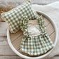 Newborn photography set: gingham green romper with white lace and ruffles, and a matching posing pillow, newborn girl photo outfit