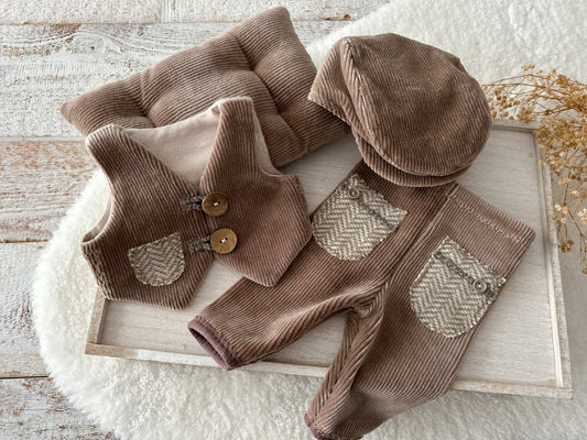 Newborn Boy Outfit – Gentleman Vest Set with Pants, Pillow & Cap – Chestnut Brown
