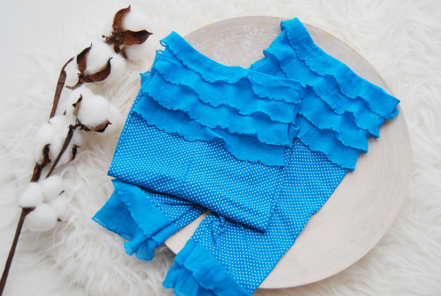 Newborn props baby girl, ruffle romper photo outfit, blue polka dot outfit photography prop