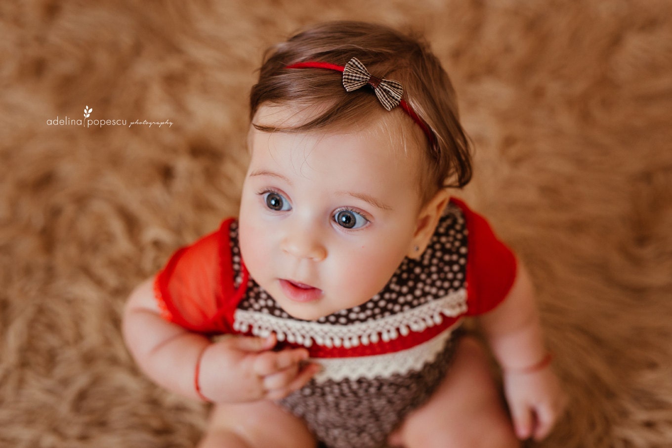 6-12 Months photo props, sitter romper baby girl & bow headband, photography set Christmas