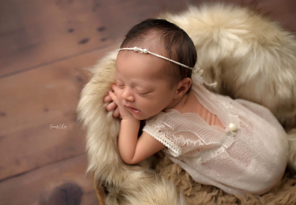 Tieback headband newborn photo prop, thin pearl headband, baby girl photo prop