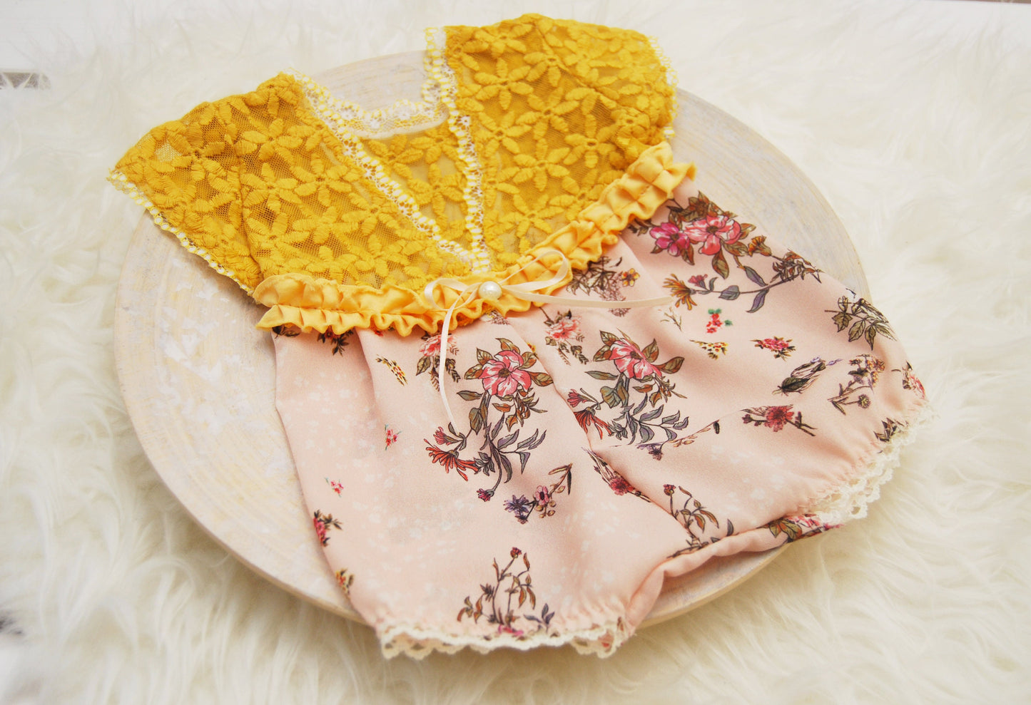 Newborn lace romper photo prop, yellow floral baby girl outfit