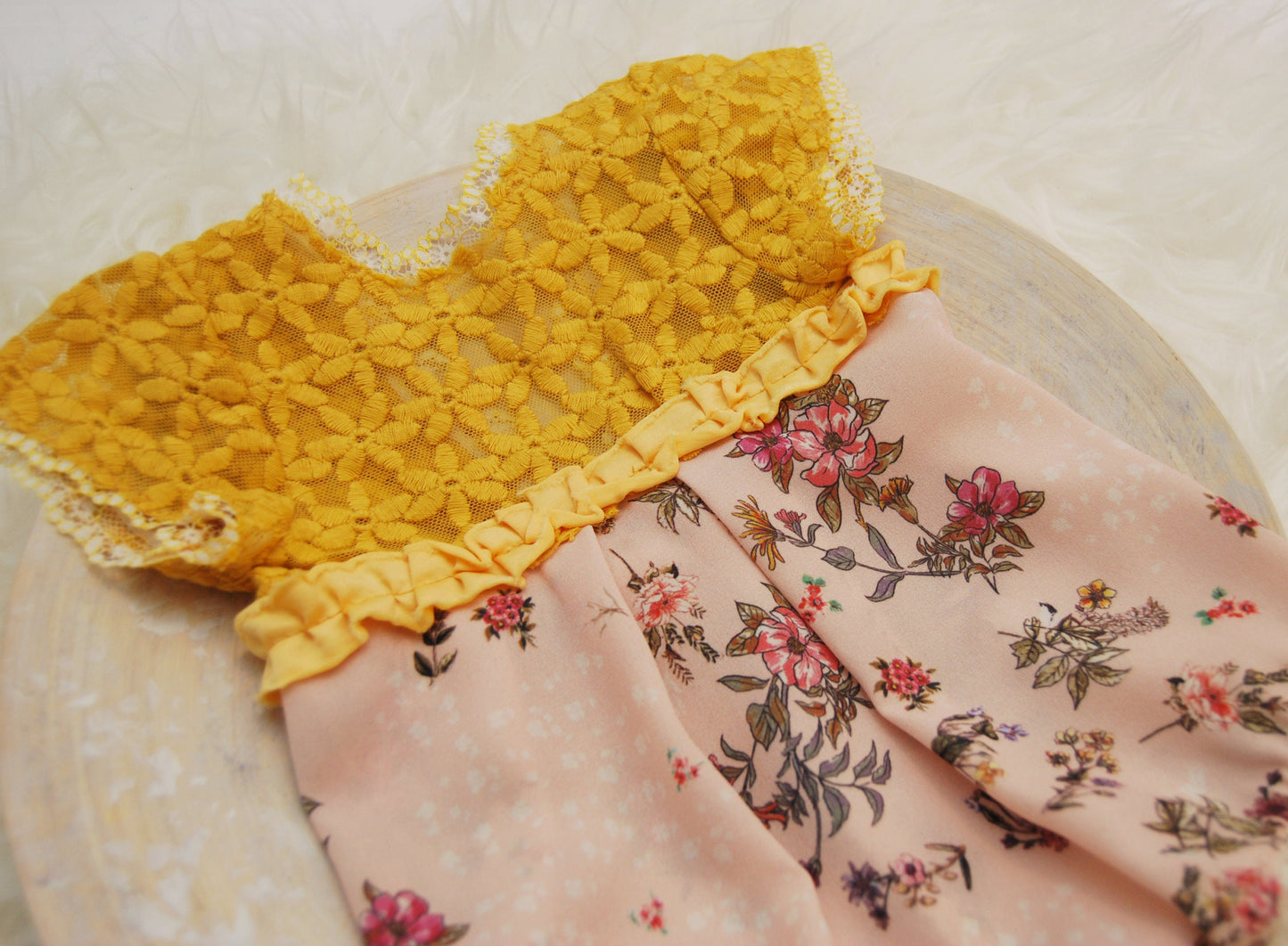 Newborn lace romper photo prop, yellow floral baby girl outfit