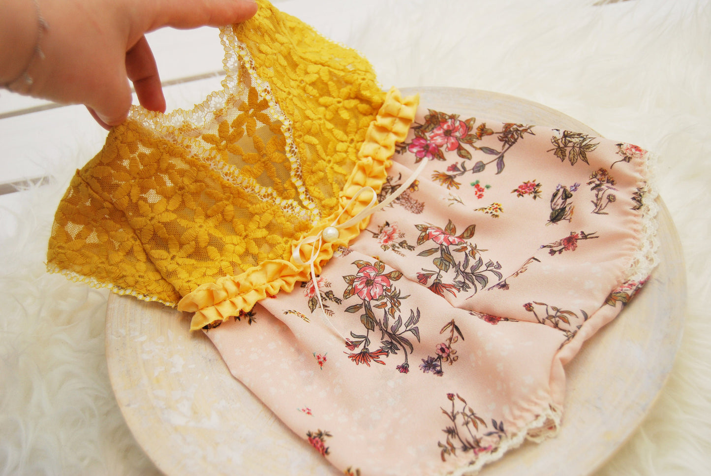 Newborn lace romper photo prop, yellow floral baby girl outfit