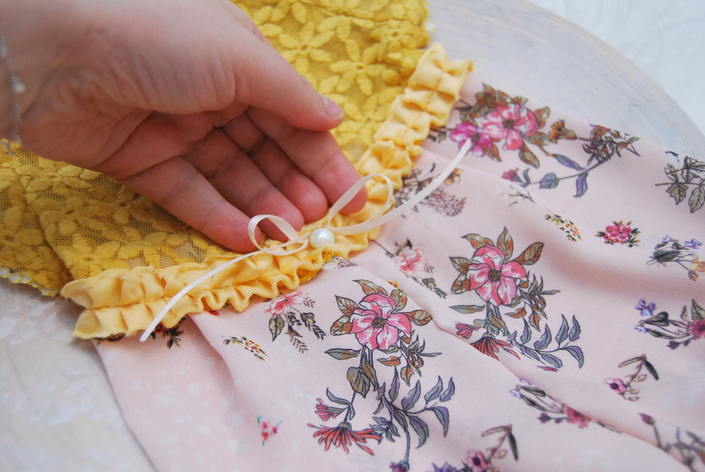 Newborn lace romper photo prop, yellow floral baby girl outfit