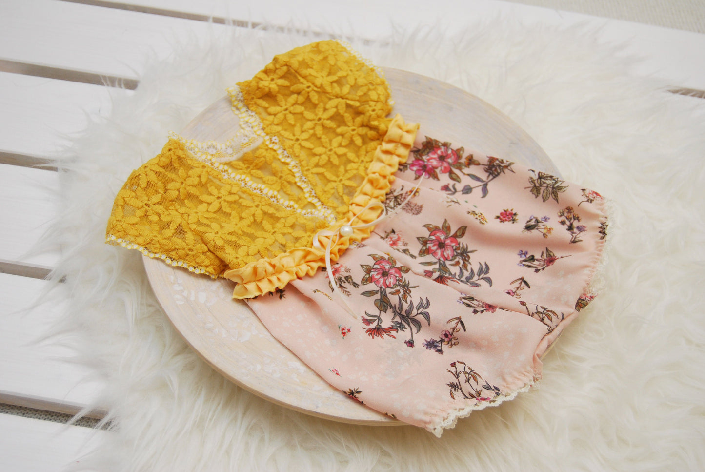 Newborn lace romper photo prop, yellow floral baby girl outfit