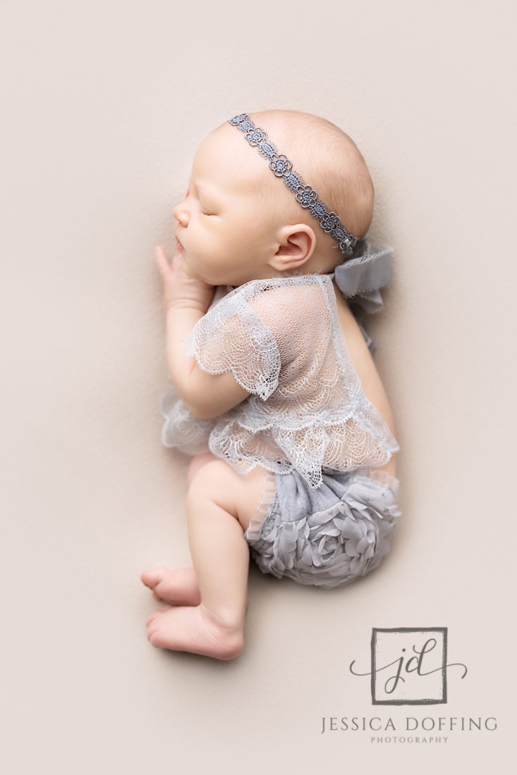 Baby headband, gray flower lace newborn tieback headband, newborn photo prop