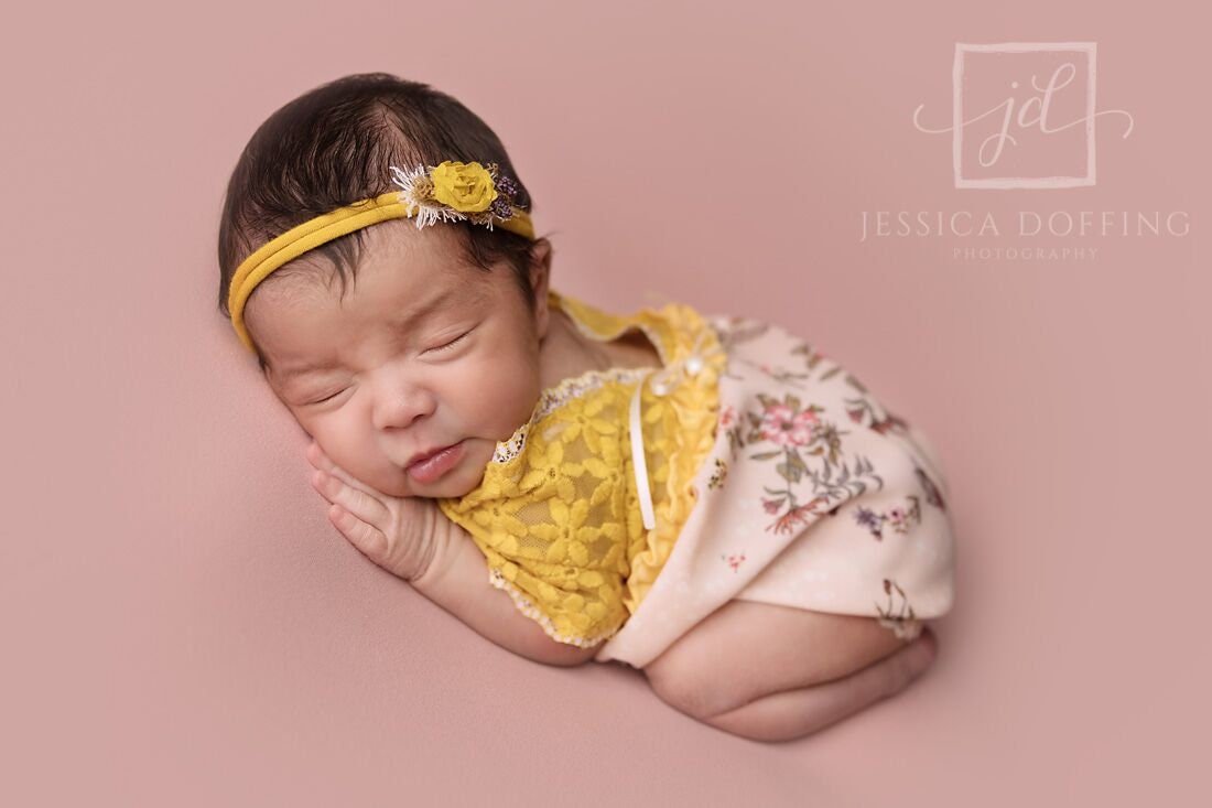 Newborn lace romper photo prop, yellow floral baby girl outfit