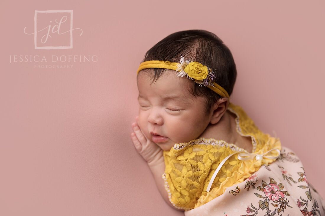 Newborn lace romper photo prop, yellow floral baby girl outfit