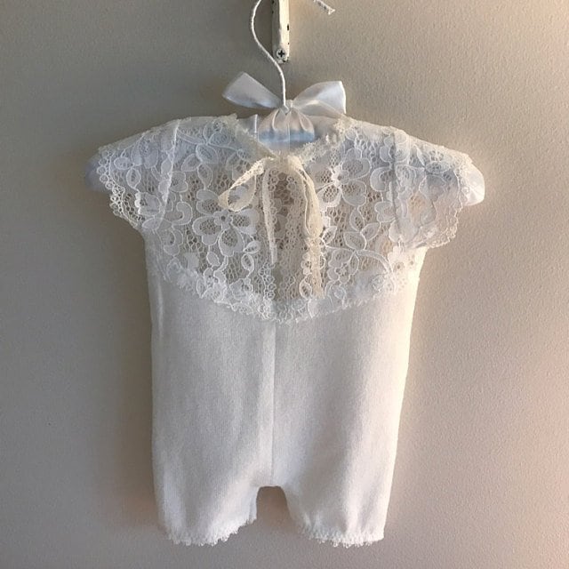 Photography romper with lace on top and stretchy, soft bottoms, for newborn baby girls.