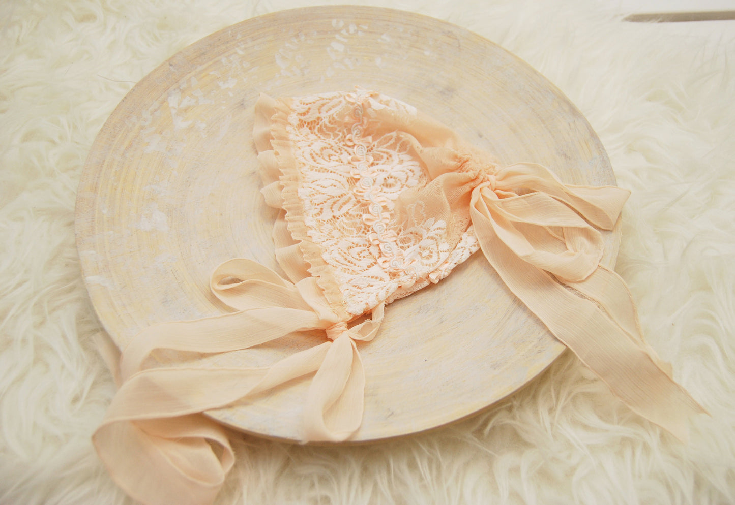 Lace newborn bonnet, peach baby girl bonnet for newborn photography, newborn photo props