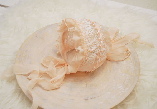 Lace newborn bonnet, peach baby girl bonnet for newborn photography, newborn photo props