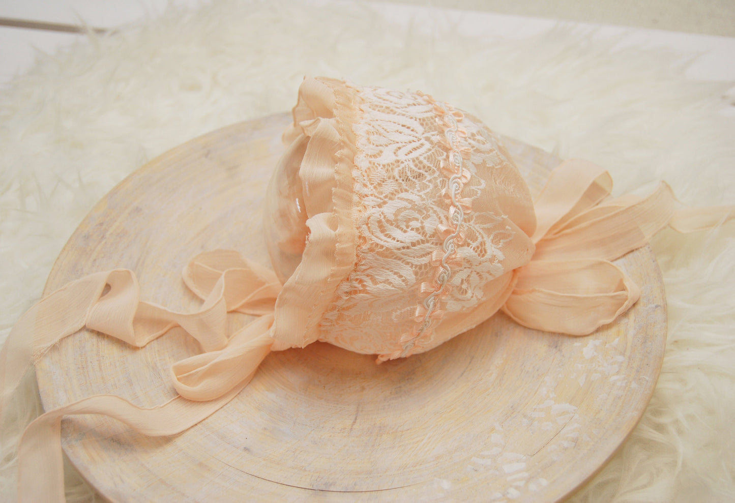 Lace newborn bonnet, peach baby girl bonnet for newborn photography, newborn photo props