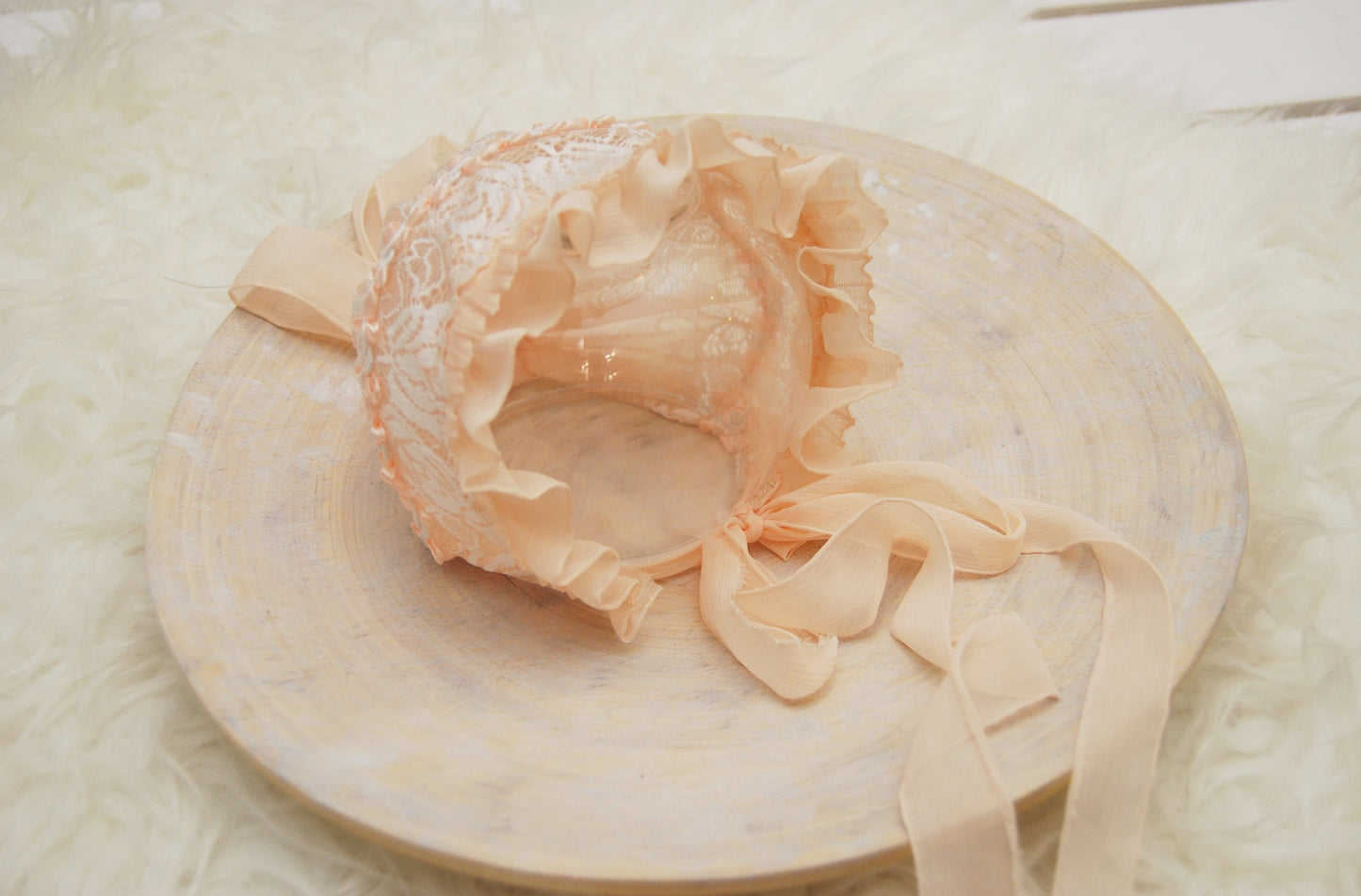 Lace newborn bonnet, peach baby girl bonnet for newborn photography, newborn photo props