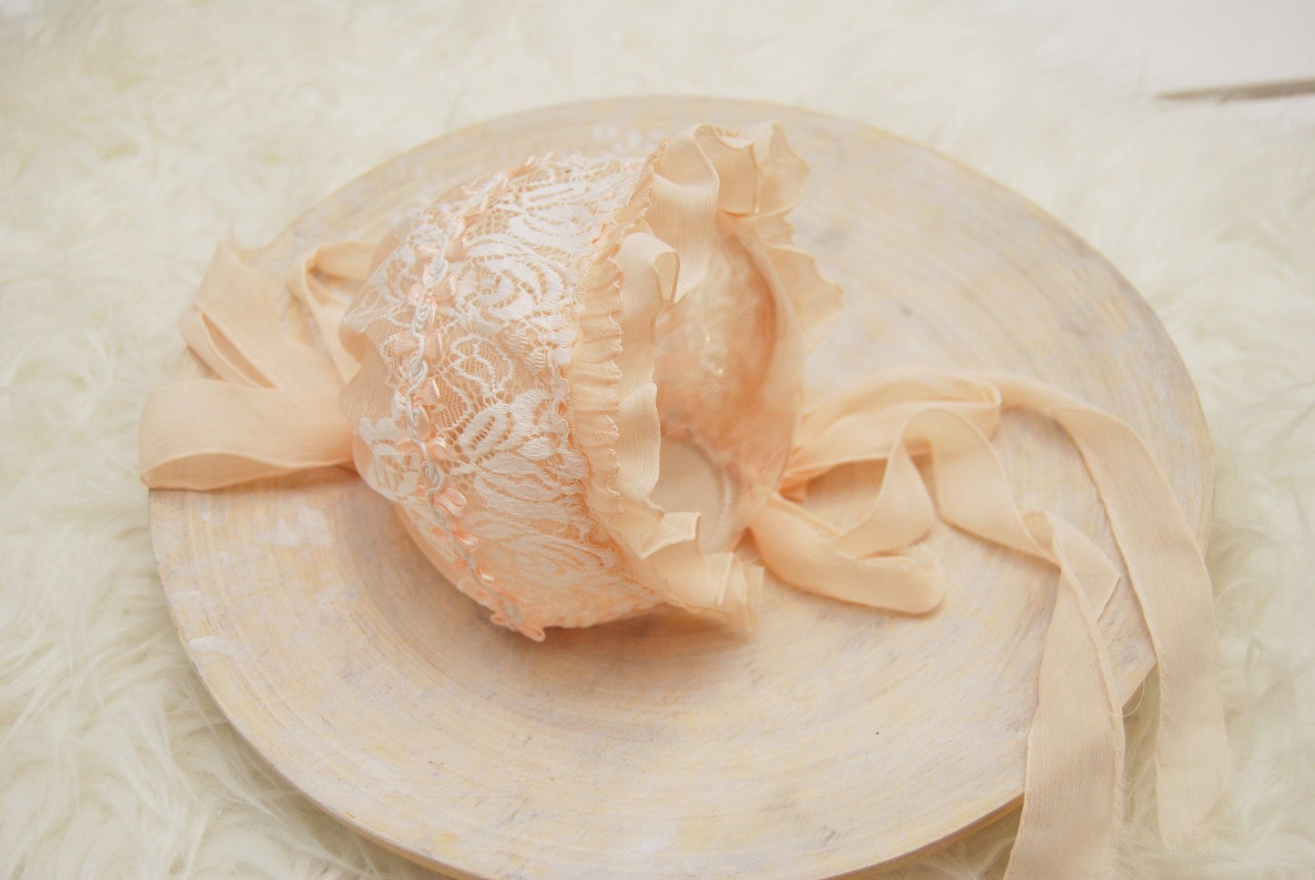 Lace newborn bonnet, peach baby girl bonnet for newborn photography, newborn photo props