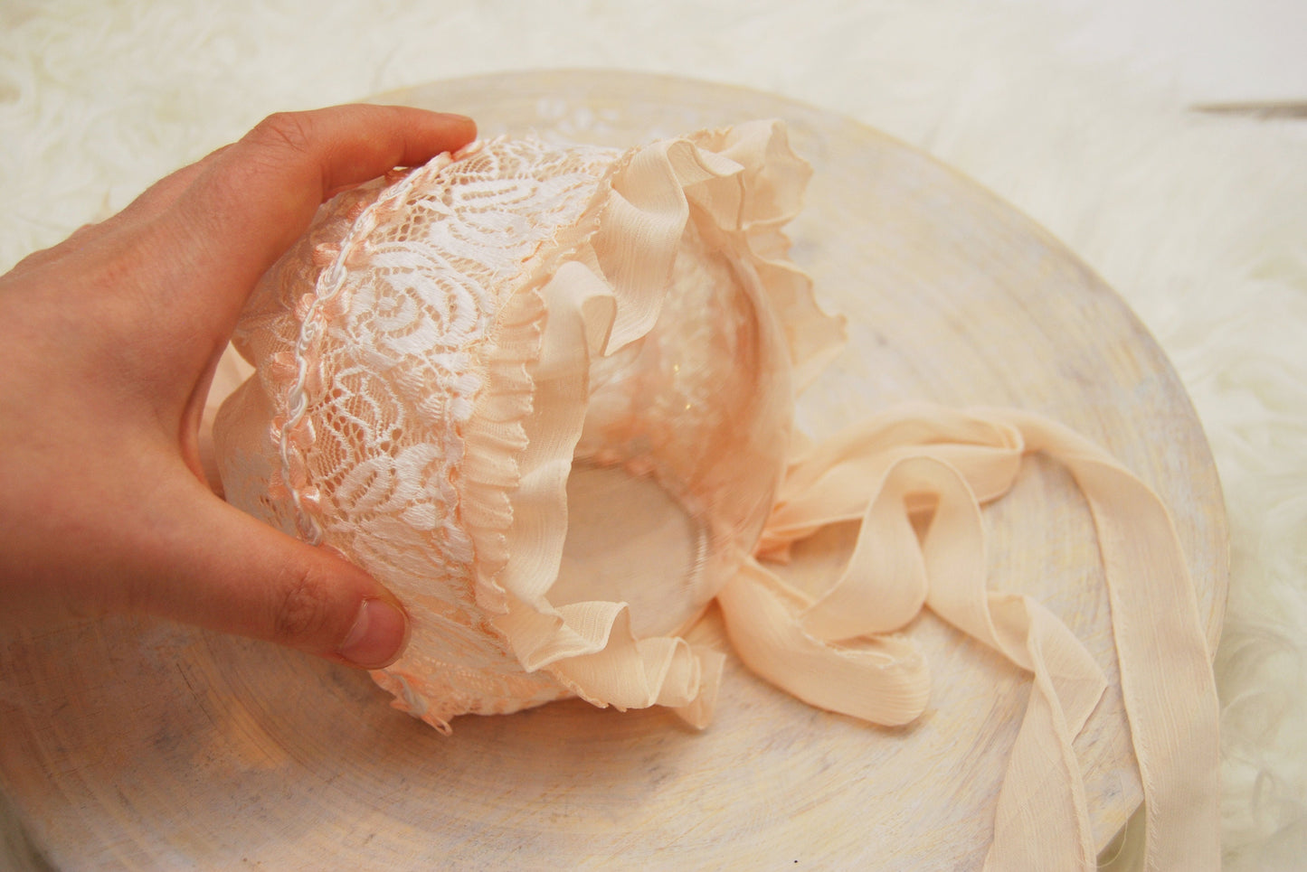 Lace newborn bonnet, peach baby girl bonnet for newborn photography, newborn photo props