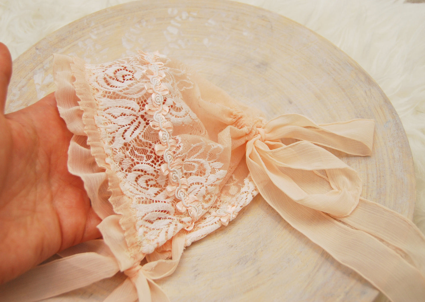 Lace newborn bonnet, peach baby girl bonnet for newborn photography, newborn photo props