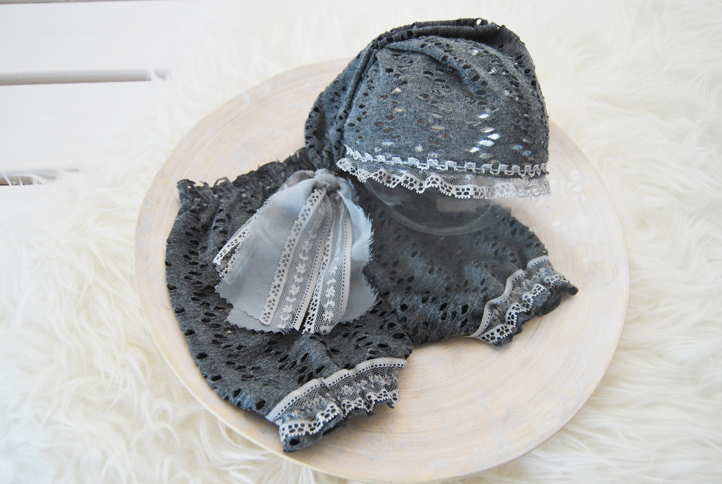 Photo outfit: newborn bloomers & sleepy hat, lace baby girl photo prop outfit - Dark gray