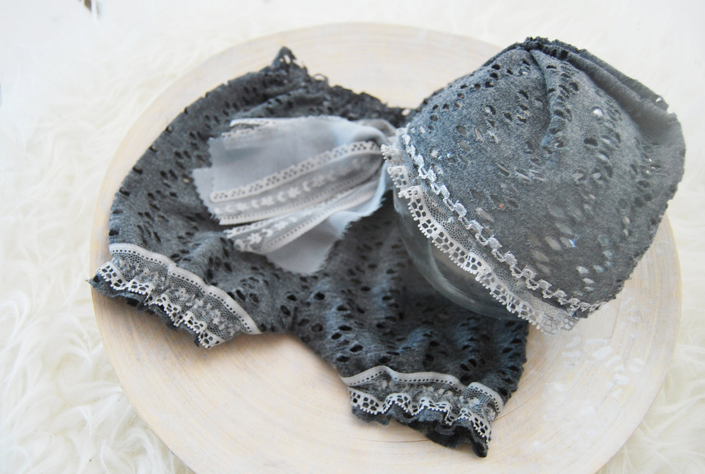 Photo outfit: newborn bloomers & sleepy hat, lace baby girl photo prop outfit - Dark gray