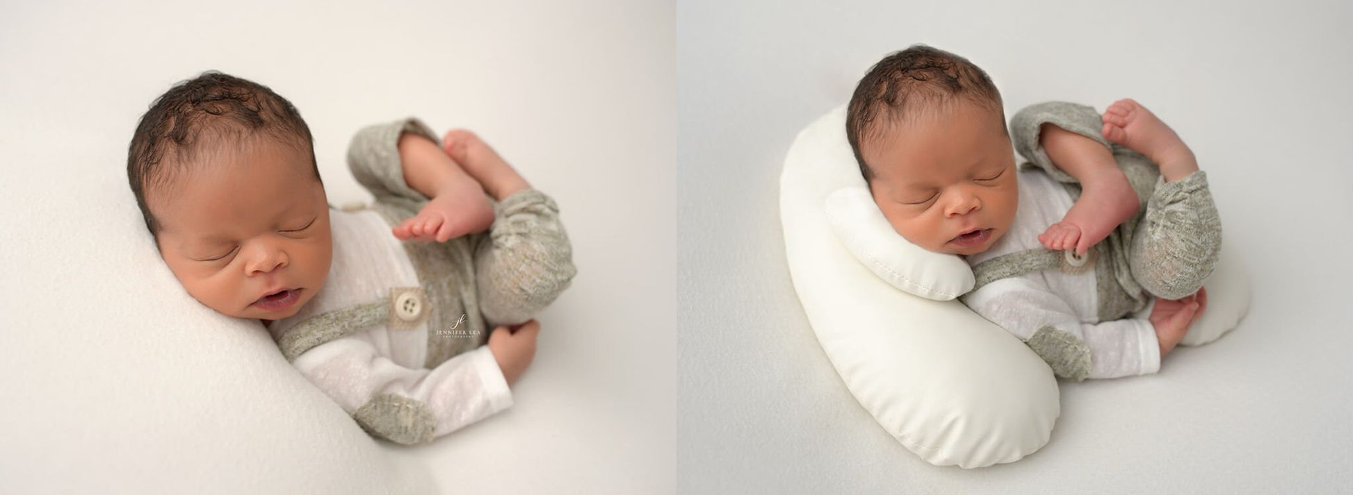 Baby posed using the our newborn photography bean shaped posing pillows. Exemple on how to use the pillows in a newborn photography shoot