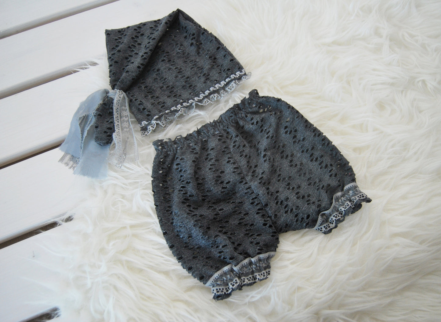 Photo outfit: newborn bloomers & sleepy hat, lace baby girl photo prop outfit - Dark gray